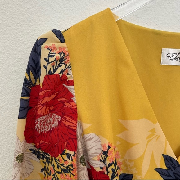 Eliza J Wrap Midi Dress Floral Puff Sleeve Fall Yellow Red Blue Size 2P Petite - Picture 12 of 14